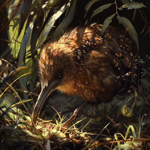 A kiwi bird foraging in the underbrush