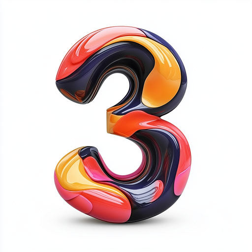 3D Number 3 on White Background, Realistic Style