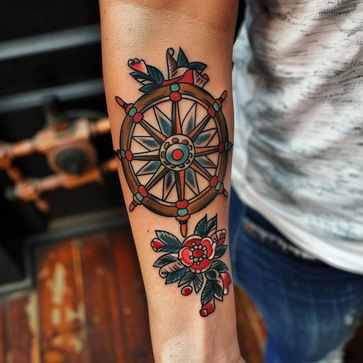 Forearm tattoos for women in the style of Sailor Jerry with a ship's wheel
