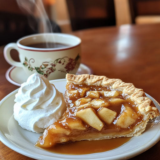 Apple pie with caramel sauce and whipped cream