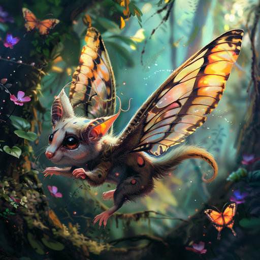 A whimsical sugar glider with butterfly wings soaring through a magical forest