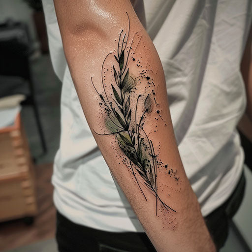 Contemporary flat tattoo with sage motif and splattered paint effect