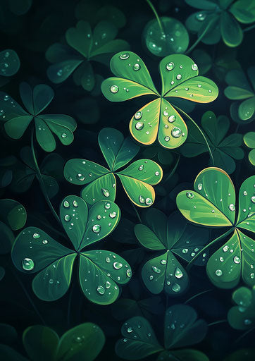 Shamrock with water drops, St. Patrick's Day theme, dark background