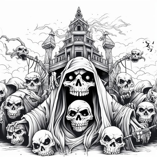 Halloween coloring pages featuring all ghosts in Frostpunk style, cartoonish humor