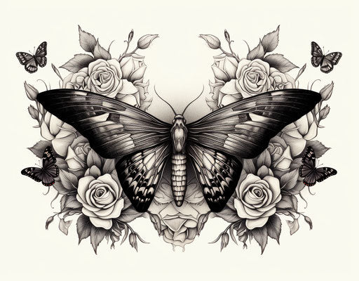 Moth and roses tattoo with skull in engraved line-work style