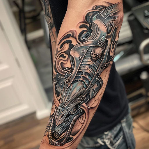 Biomechanical tattoo with mystical themes, David Palumbo style