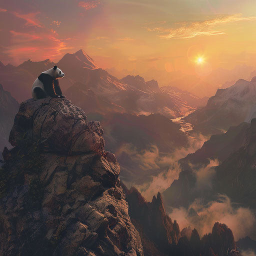 Majestic giant panda overlooking misty mountain peak at dawn