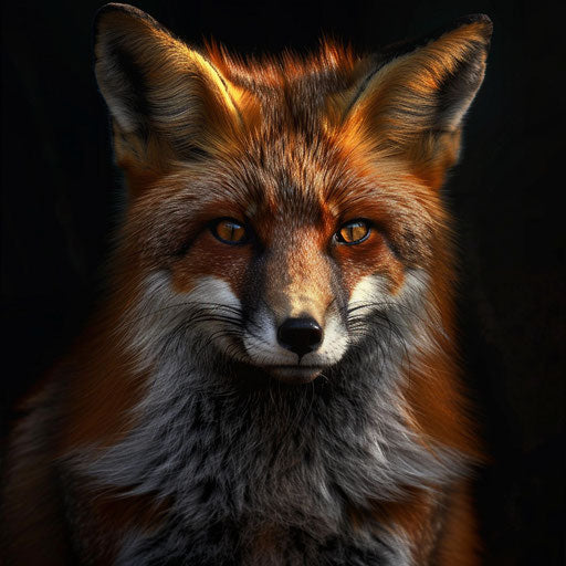 Red fox with dramatic shadows and dark lighting