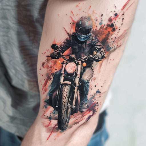 Watercolor gangster on classic motorcycle, white background