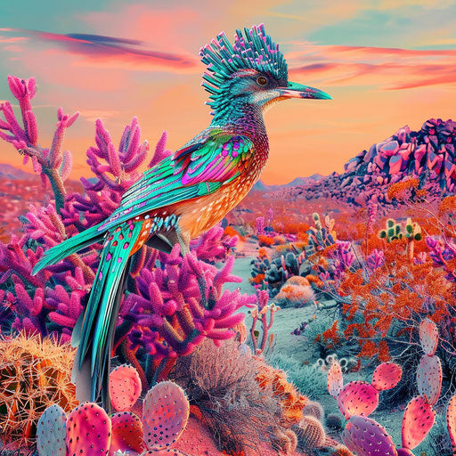 Speedy bird in surreal desert scenery with vibrant colors
