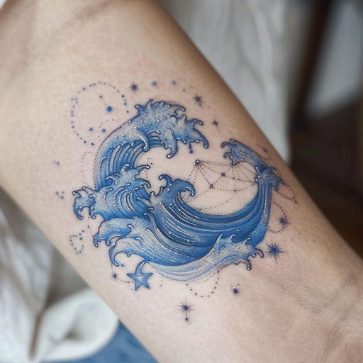 Fantasy-themed Aquarius constellation tattoo with waves and stars