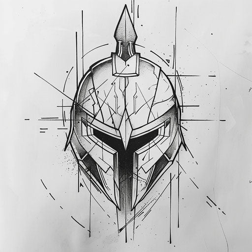 Sketch minimalist spartan helmet tattoo bold lines geometric
