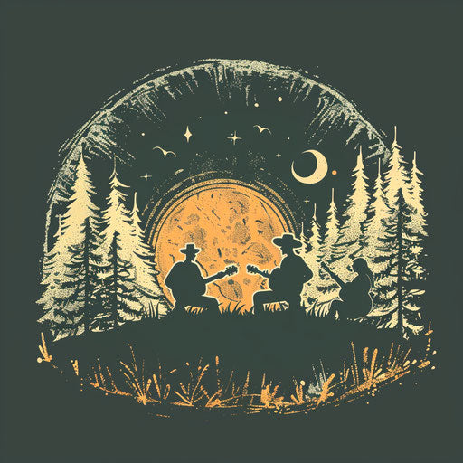 Folk band logo with hand-drawn, rustic fonts and a natural, forest background