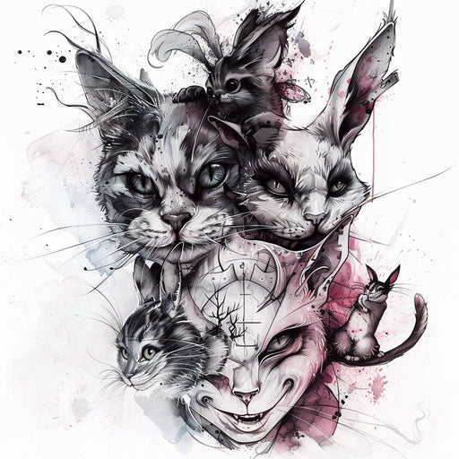 Wonderland-inspired tattoo with Alice, the Cheshire Cat, and the White Rabbit