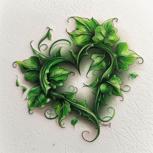 Heart Chakra tattoo design, detailed green leaf and heart shapes intertwined on a white background