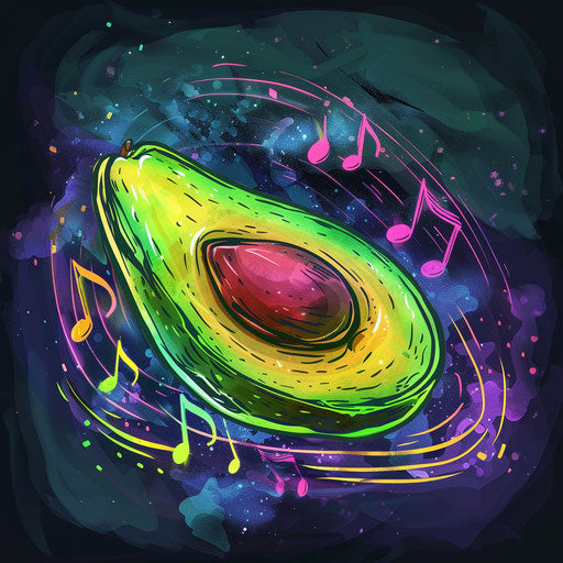 Flat tattoo sketch of an avocado slice with neon musical notes and sound waves