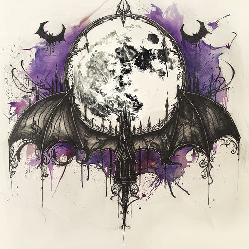 Gothic flat tattoo sketch of a full moon with bat wings and arches