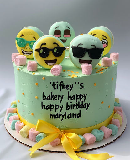Mint green cake with smiley faces and sunglasses on top