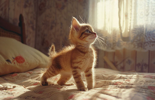 Kitten standing on bed in a room