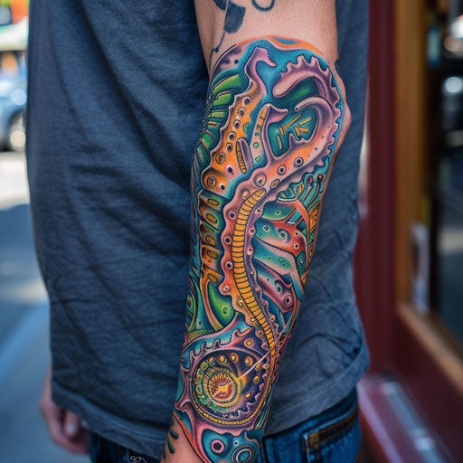 Psychedelic biomechanical half sleeve tattoo design