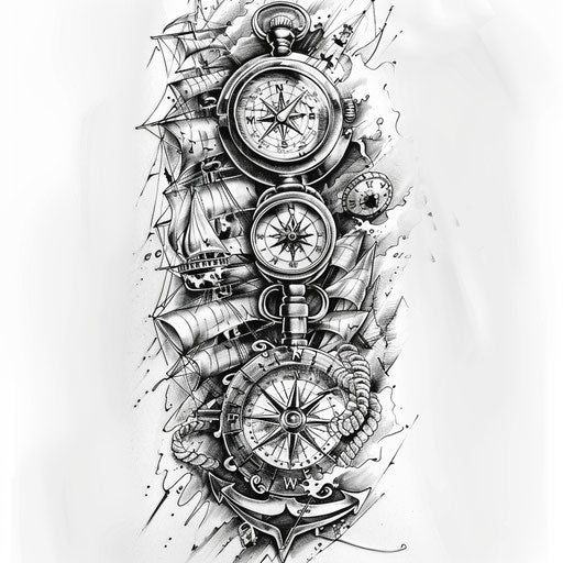 Tattoo sketch of compass and nautical themes, full sleeve for men