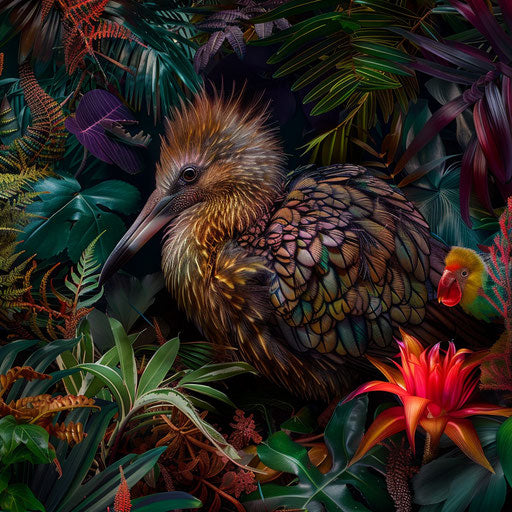 Kiwi bird among vibrant forest foliage