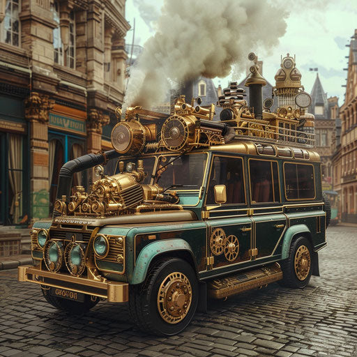 Steampunk-inspired vehicle in 1995 in a Victorian-era city