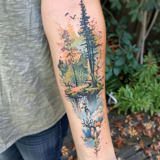 Watercolor tattoo of a forest with animals, Peter Jackson style