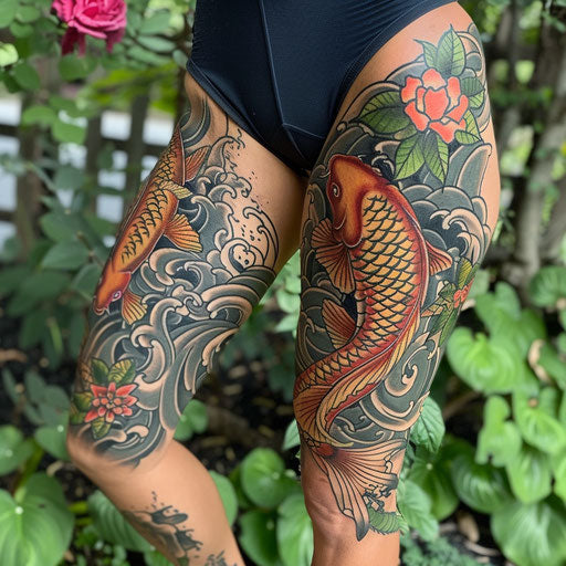 Leg tattoos for women in the style of Ami James featuring a traditional koi fish