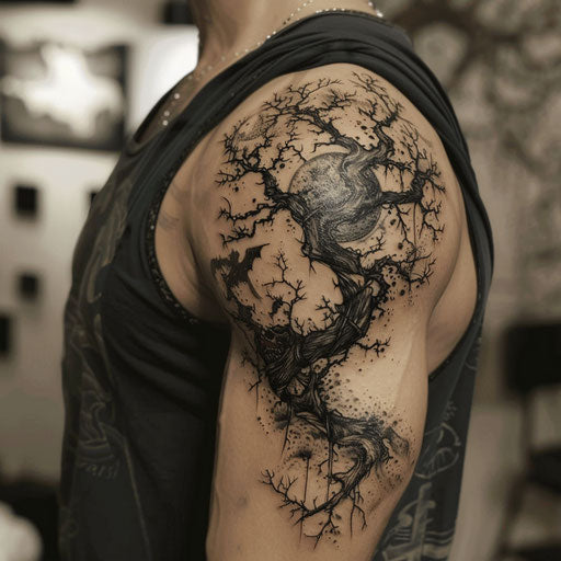 Shoulder tattoos for men with surreal dreamscapes and fantastical creatures