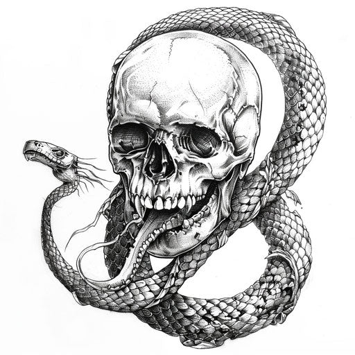 Skull and serpent tattoo symbolizing infinity on white