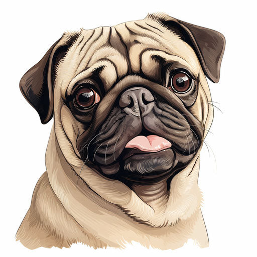 Pug dog on white background, in the style of matt bors, light maroon and beige