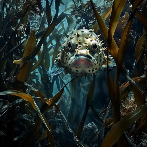 Puffer fish among the shadows of a kelp forest