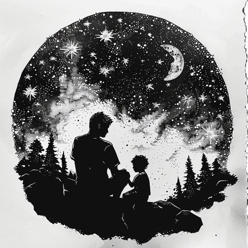 Father and son under a starry sky, blend of realism and dot work