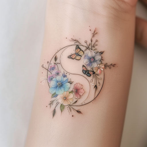 Delicate yin and yang tattoo with soft flowers and butterflies