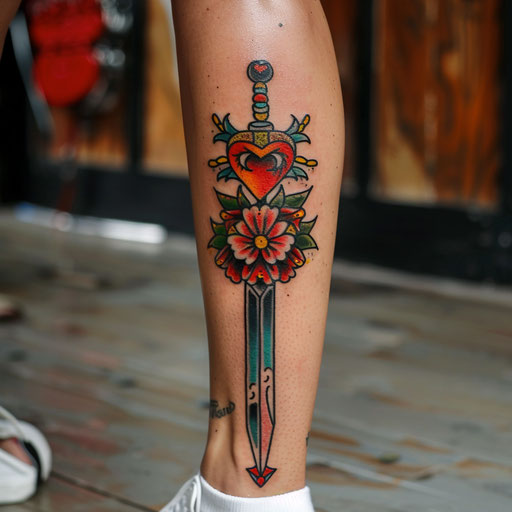 Leg tattoos for women in Ed Hardy style, heart and dagger