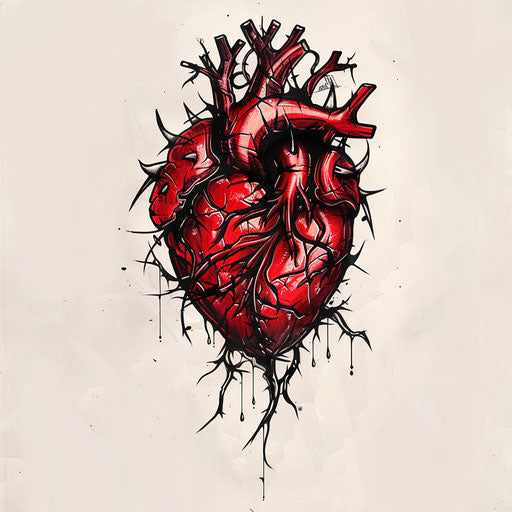 Romantic tattoo sketch of a venomous heart, flat style in deep reds with black thorns