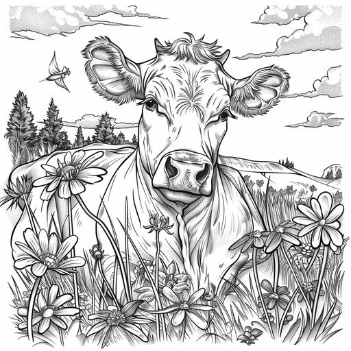 Humorous cow in a whimsical coloring book scenario