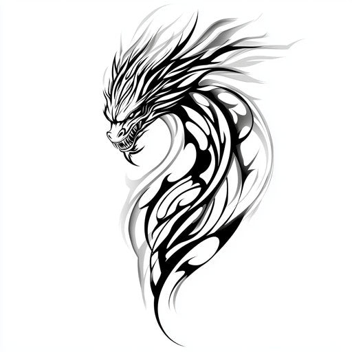 Tribal dragon tattoo sketch in black and white on white background