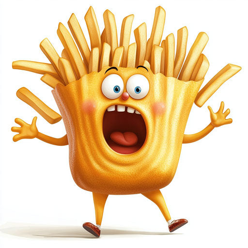 Humorous caricature of a fries caricature with human characteristics