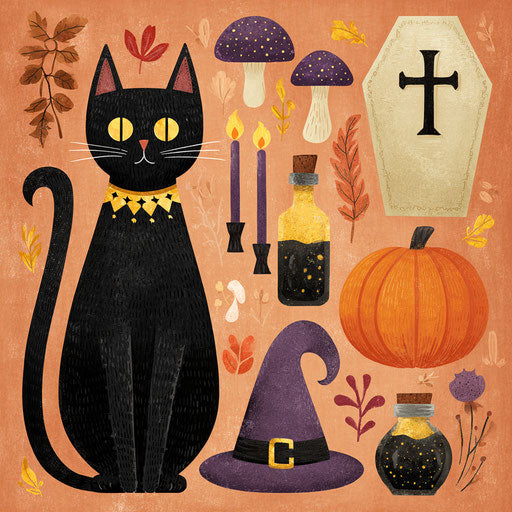 A Whimsical Halloween Scene with Cats and Pumpkins