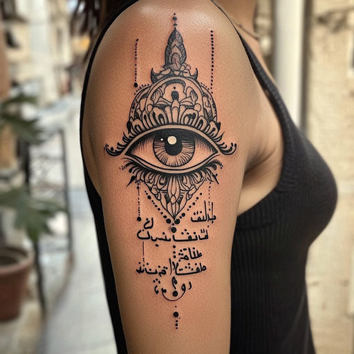 Arabic tattoo with protective eye and script on upper arm