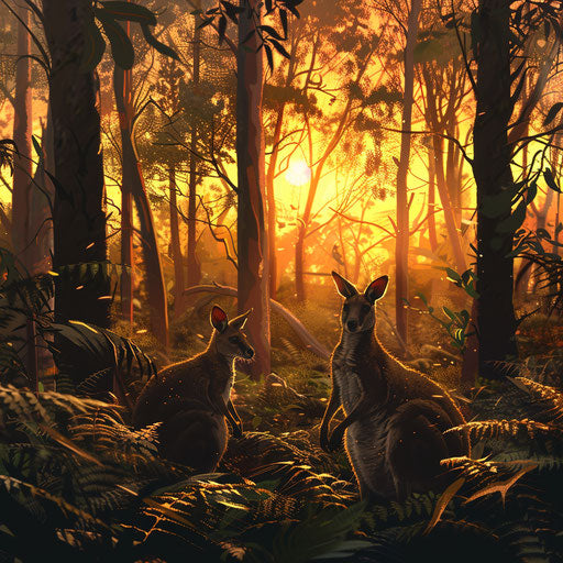 Wallabies in a lush forest at sunset