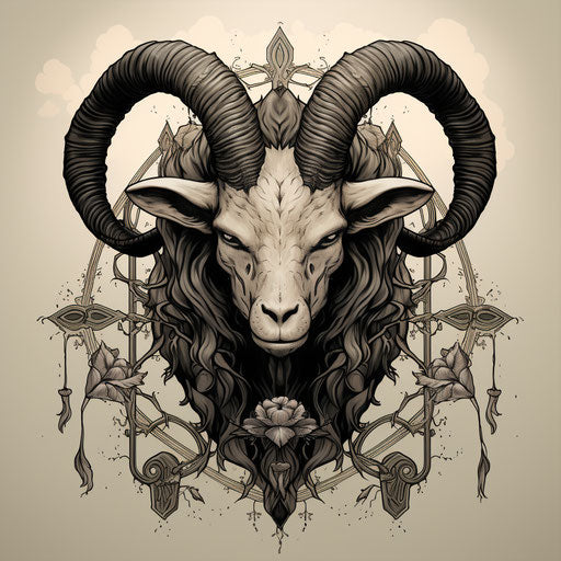 Devil goat tattoo, metalcore style, symmetrical harmony