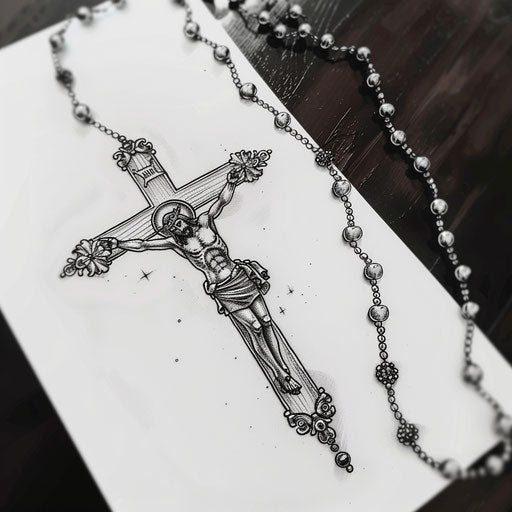Traditional rosary tattoo design on white canvas