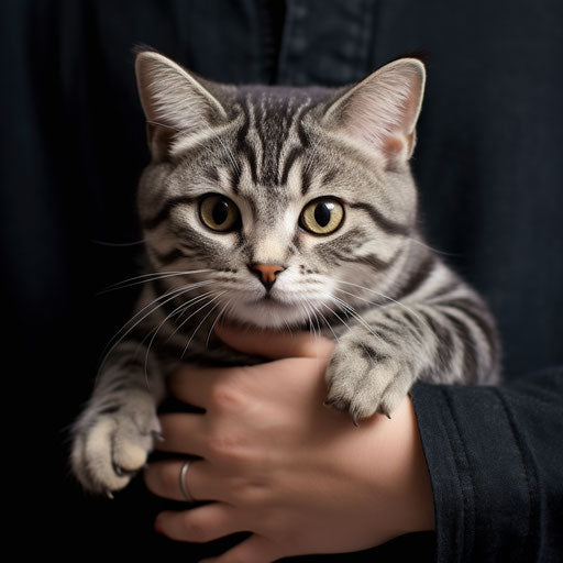An American Shorthair cat being held by its owner