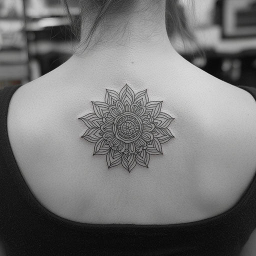 Tiny sunflower tattoo with intricate mandala patterns