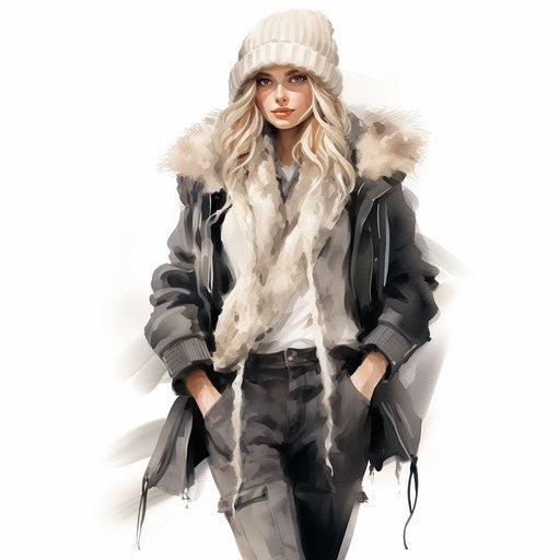 Winter clothes clipart in the style of Chiaroscuro Art, on white background
