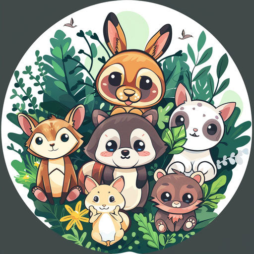 Cartoon logo with cute animal characters and nature background