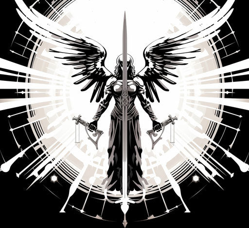 Black and white angel with sword, superhero style, symmetrical design